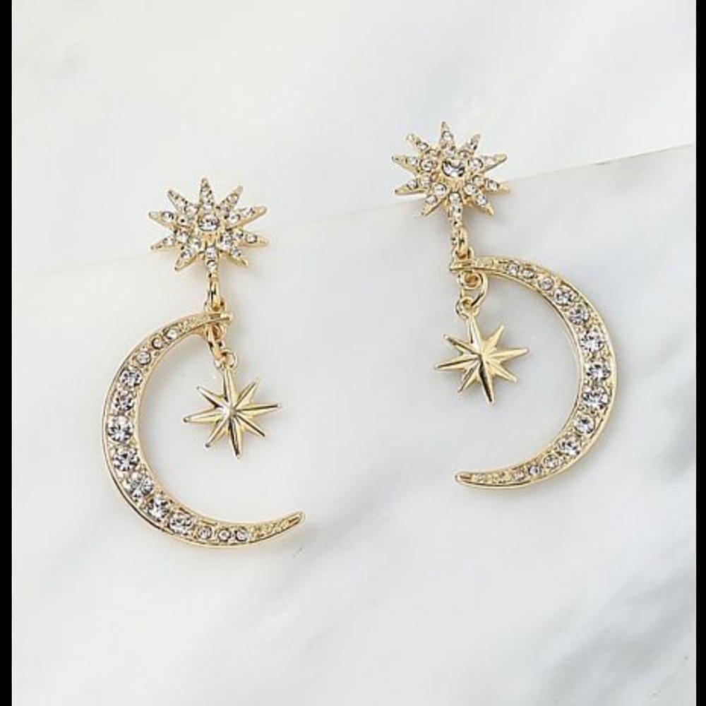 Christian Siriano New York Gold Tone Star and Moon Dangle Earrings